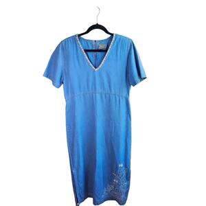 🦃Vintage Monique Fashions Chambray Denim Maxi Dress Floral Embroidered Size 10